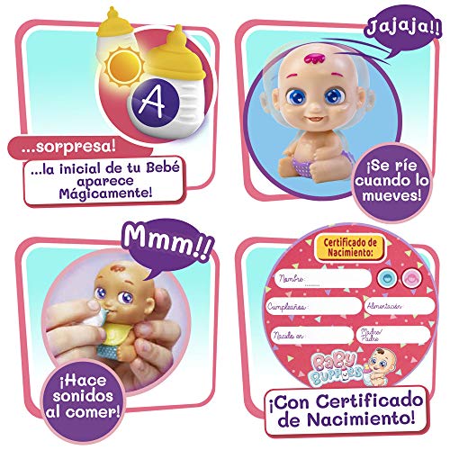 Baby Buppies - Baby Buppies Biberón Sorpresa con complementos bebé? muñeco, biberón, sonajero, chupete, babero, guía de cuidados y certificado de nacimiento Juguetes niños 3 años (46403)