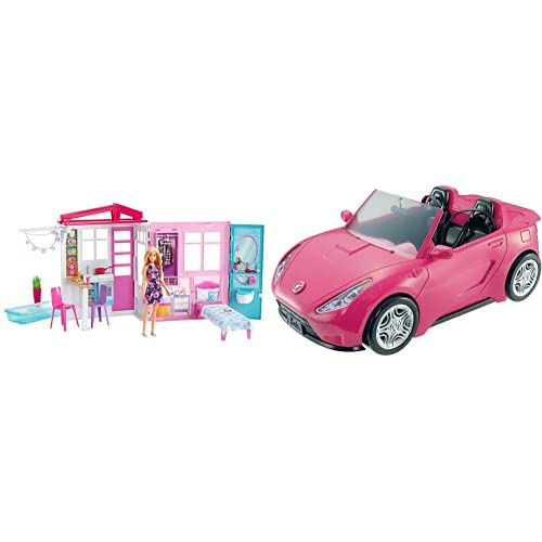 Barbie - Casa amueblada (Mattel GWY84) y Coche descapotable (Mattel DVX59)