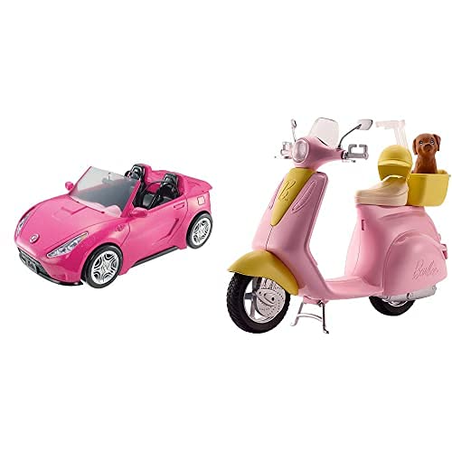 Barbie Coche Descapotable De Coche (Mattel Dvx59) + Accesorios Moto De , Regalo para Niñas Y Niños 3-9 Años (Mattel Frp56)