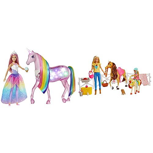 Barbie Dreamptopia Muñeca con Pelo Rosa Y Su Unicornio Luces Mágicas ,Embalaje Sostenible + Muñecas Y Chelsea con Caballos Y Accesorios, Regalo para Niñas Y Niños 3-9 Años, Embalaje Sostenible