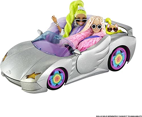 Barbie Vehículo Extra - Coche de 2 Plazas Plateado con Interior Rosa - Ruedas Giratorias - Incluye Perro y Accesorios - Regalo para Niños de 3+ Años