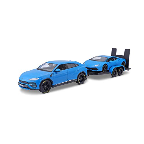 Bauer Spielwaren Diseño Elite Transporter Lamborghini Urus + Lamborghini Huracán Coupé: Modelo transportador con Remolque, 2 Coches Modelos, Puertas para Abrir, Escala 1:24, 43 cm, Azul (532753)