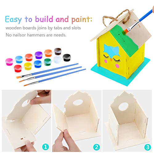 BBTO 3 Juegos Kit de DIY Casas de Pájaros de Madera Pajareras de Madera sin Acabado para Pintar Casas de Pájaros Colgantes Incluye 12 Colores de Pinturas y 3 Pinceles para Niños y Niñas