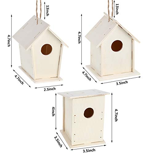 BBTO 3 Juegos Kit de DIY Casas de Pájaros de Madera Pajareras de Madera sin Acabado para Pintar Casas de Pájaros Colgantes Incluye 12 Colores de Pinturas y 3 Pinceles para Niños y Niñas