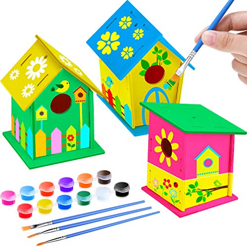 BBTO 3 Juegos Kit de DIY Casas de Pájaros de Madera Pajareras de Madera sin Acabado para Pintar Casas de Pájaros Colgantes Incluye 12 Colores de Pinturas y 3 Pinceles para Niños y Niñas