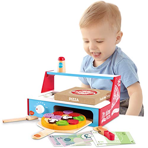 bee SMART Pizza de Madera y Accesorios, Juego de Pizza con Horno de Pizzas, Corta Pizza, espátula y Caja de Pizza, Dinero de Juego para niños, 30 Piezas+