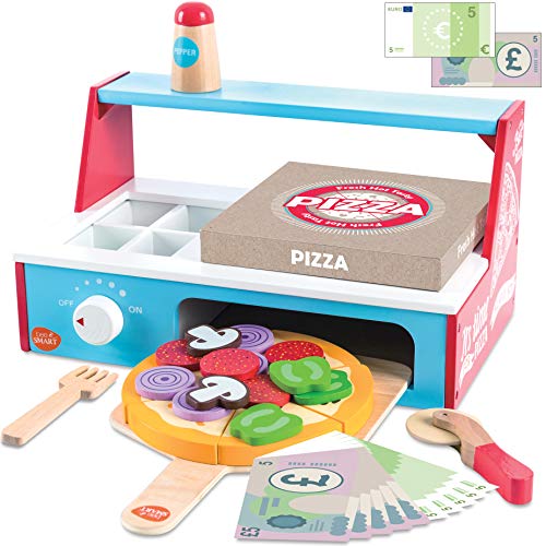 bee SMART Pizza de Madera y Accesorios, Juego de Pizza con Horno de Pizzas, Corta Pizza, espátula y Caja de Pizza, Dinero de Juego para niños, 30 Piezas+