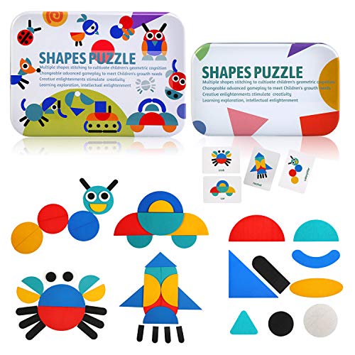 BelleStyle Tangram Madera Juguetes Montessori, 36 Puzzle de Madera con 60 Diseño Tarjetas de Apilamiento Juegos de Mesa, Formas Geométricas Bloques Juego Educativo para Niños Infantiles 2 3 4 5 Años