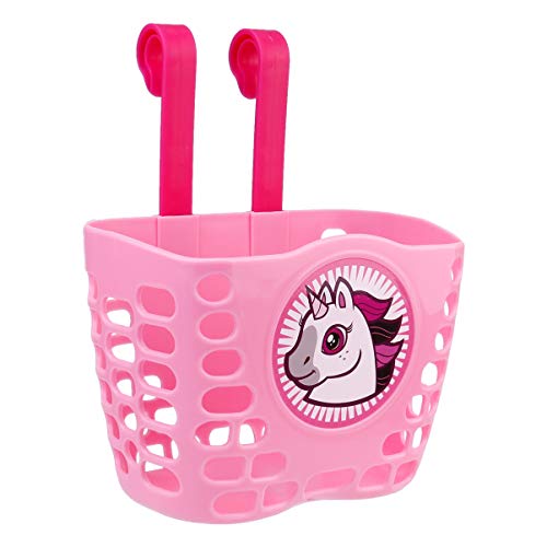 BESPORTBLE Cesta para bicicleta infantil, cesta de plástico, diseño de unicornio, cesta delantera, cesta para volante, cesta colgante para niños, niñas, monopatín, bicicleta, accesorios, color rosa