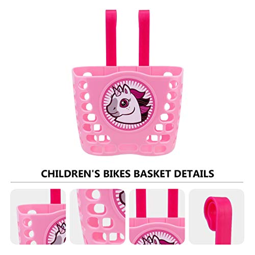 BESPORTBLE Cesta para bicicleta infantil, cesta de plástico, diseño de unicornio, cesta delantera, cesta para volante, cesta colgante para niños, niñas, monopatín, bicicleta, accesorios, color rosa