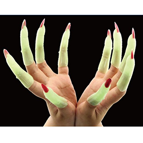 BESTOYARD 10pcs Witch Fingers Fake Nails Luminous Glow-in-The-Dark Spooky Scary Brujas Fingers Party Props Costume Fingers Disfraces de Halloween Favores de Fiesta