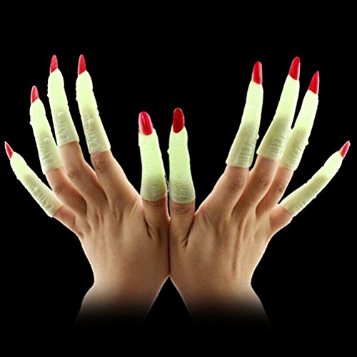 BESTOYARD 10pcs Witch Fingers Fake Nails Luminous Glow-in-The-Dark Spooky Scary Brujas Fingers Party Props Costume Fingers Disfraces de Halloween Favores de Fiesta