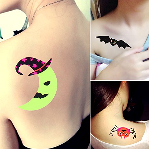 BESTOYARD Tatuajes temporales Maquillaje de Halloween para niños y niñas Calabaza Fluorescente Fantasma y murciélago Tatuajes creativos Pegatinas Creativas (037)