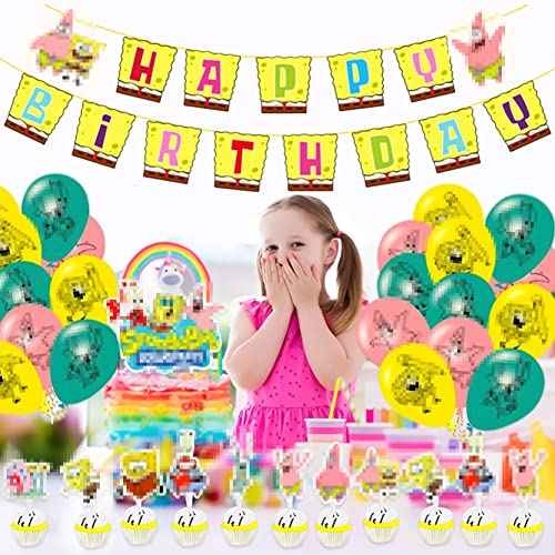 BESTZY 36pcs Bob Esponja Cumpleanos, Fiesta de Cumpleaños DIY Decoración Suministros, pancarta de cumpleaños y globos de látex para niños decoraciones