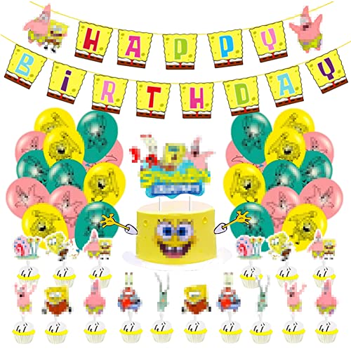 BESTZY 36pcs Bob Esponja Cumpleanos, Fiesta de Cumpleaños DIY Decoración Suministros, pancarta de cumpleaños y globos de látex para niños decoraciones