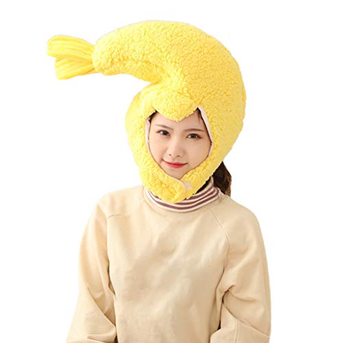 bibididi Lindo Gorro de Felpa de camarón Frito Divertido Juguete para Dormir Relleno Gorro de Cosplay Gorro cálido, Gorro de Felpa de camarón Frito, Amarillo