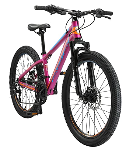 BIKESTAR Bicicleta de montaña Juvenil de Aluminio 24 Pulgadas de 10 a 13 años | Bici niños Cambio Shimano de 21 velocidades, Freno de Disco, Horquilla de suspensión | Berry