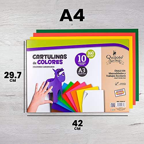 BLOC CARTULINAS DE COLORES QUIJOTE PAPER WORLD - Hojas de colores, 20 hojas, tamaño A3, 160gr/m² para Manualidades y scarpbooking, 10 colores - PACK 2 Uds