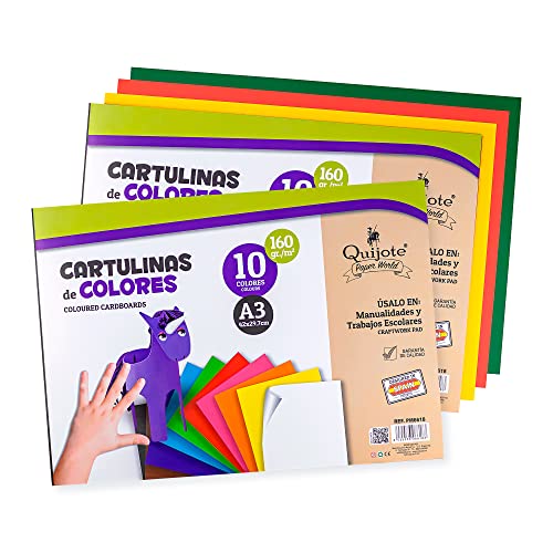 BLOC CARTULINAS DE COLORES QUIJOTE PAPER WORLD - Hojas de colores, 20 hojas, tamaño A3, 160gr/m² para Manualidades y scarpbooking, 10 colores - PACK 2 Uds