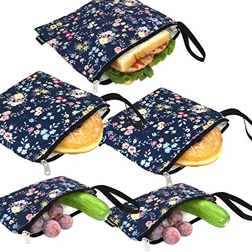 Bolsas reutilizables para bocadillos y sándwiches, de doble capa, respetuosas con el medio ambiente y aptas para lavavajillas, sin BPA y sin PVC, juego de 5 unidades