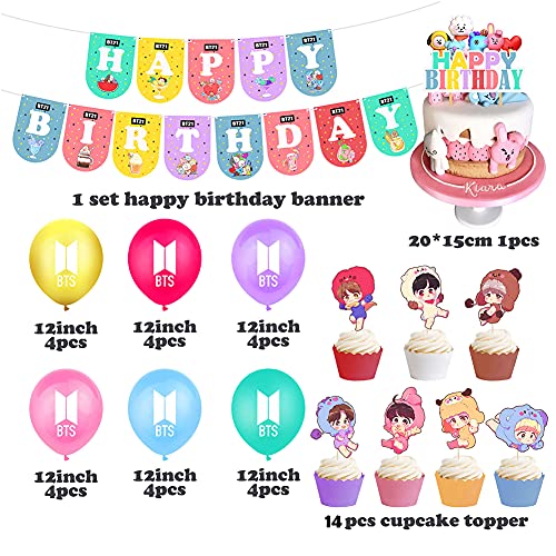 BTS Birthday Decorations Set, 42 Piezas BTS Birthday Party Supplies, Feliz Cumpleaños Pancartas Fiesta, Cupcake Toppers, Globos, Fiesta Cumpleaños para A.R.M.Y