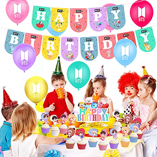 BTS Birthday Decorations Set, 42 Piezas BTS Birthday Party Supplies, Feliz Cumpleaños Pancartas Fiesta, Cupcake Toppers, Globos, Fiesta Cumpleaños para A.R.M.Y