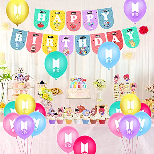 BTS Birthday Decorations Set, 42 Piezas BTS Birthday Party Supplies, Feliz Cumpleaños Pancartas Fiesta, Cupcake Toppers, Globos, Fiesta Cumpleaños para A.R.M.Y