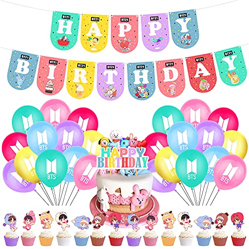 BTS Birthday Decorations Set, 42 Piezas BTS Birthday Party Supplies, Feliz Cumpleaños Pancartas Fiesta, Cupcake Toppers, Globos, Fiesta Cumpleaños para A.R.M.Y