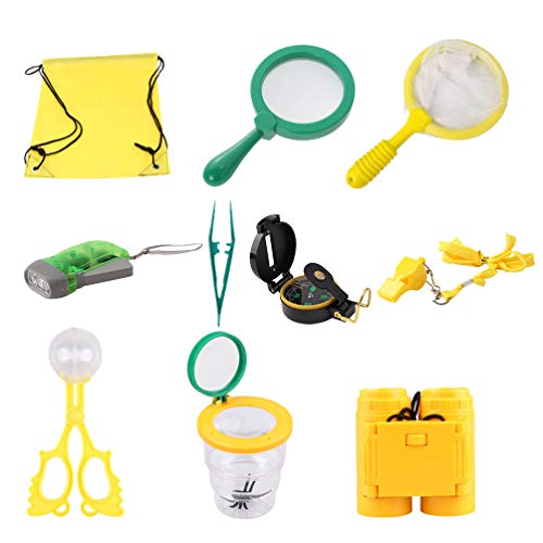 Cabilock Juego de 10 Piezas de Explorador Al Aire Libre Kit de Atrapa Insectos con Binoculares Lupa Estuche de Criaturas Mosquitero Red Pinzas Contenedores Mochila Regalo de Juguete