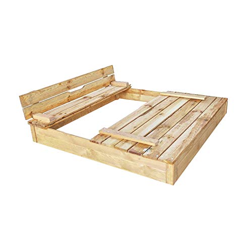 Caja de arena de madera con tapa y asiento, madera natural de conífera, 115 x 115 cm, 220 litros