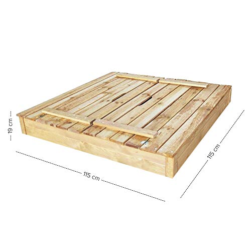 Caja de arena de madera con tapa y asiento, madera natural de conífera, 115 x 115 cm, 220 litros