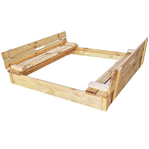 Caja de arena de madera con tapa y asiento, madera natural de conífera, 115 x 115 cm, 220 litros