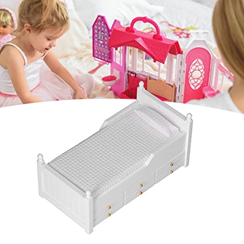 Cama de Casa de Muñecas, Elegante Y Elegante Diseño de Cajón de Material de Abedul 1:12 Cama de Muñeca en Miniatura con Almohada de Muñeca para Casa de Muñecas para Muñecas(Una cama (blanca))