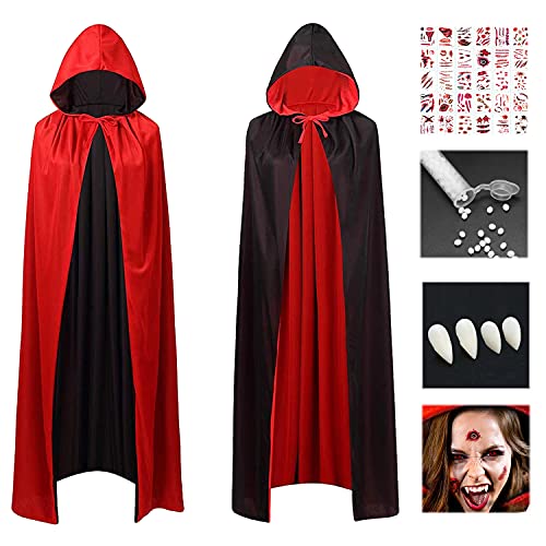 Capa de Halloween Larga Capa de Vampiro Vampiro Capucha Capa Negro Rojo Capa para Halloween con Tatuaje de Impresión de Sangre y Dientes de Vampiro Unisex Adulto Disfraz de Halloween 90CM