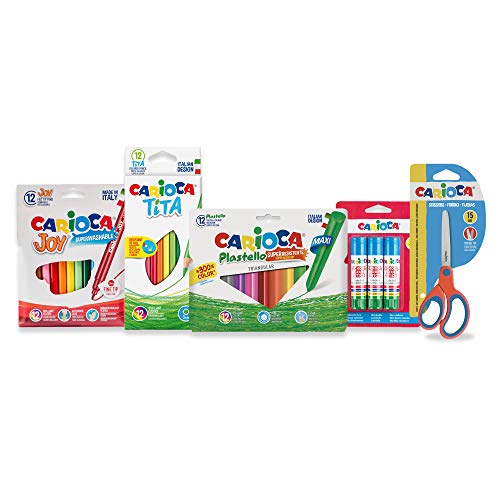 Carioca Set Todo para EL Cole | Kit Material Escolar: Rotuladores Super Lavables, Lápices de Colores, Plasticeras, Pegamento y Tijeras con Punta Redonda, 40 Unidades