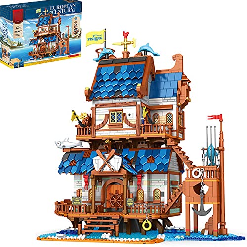 Casa modular medieval, vista de la calle europea Arquitectura medieval Casa de pesca 2450 bloques compatibles con Lego Ideas 21325 Herrería medieval