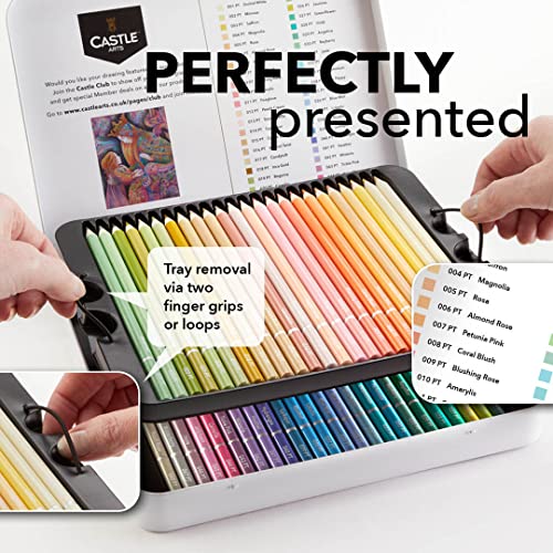 Castle Art Supplies Caja Lápices Colores Pastel | 48 Colores en Tonos Suaves y Suntuosos | Para Profesionales y Artistas Experimentados | Protegidos y Organizados en una Caja Metálica de Presentación