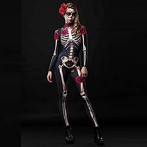 CCHAYE Disfraz de Mono de Halloween para Mujer, Estampado en 3D para Mujer, de Manga Larga, Ajustado, con Calavera de Terror, Flor Rosa, Esqueleto, Mono, Mono para Adultos o niños,Niños,140Improve