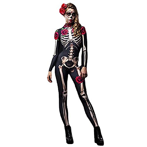 CCHAYE Disfraz de Mono de Halloween para Mujer, Estampado en 3D para Mujer, de Manga Larga, Ajustado, con Calavera de Terror, Flor Rosa, Esqueleto, Mono, Mono para Adultos o niños,Niños,140Improve