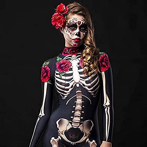 CCHAYE Disfraz de Mono de Halloween para Mujer, Estampado en 3D para Mujer, de Manga Larga, Ajustado, con Calavera de Terror, Flor Rosa, Esqueleto, Mono, Mono para Adultos o niños,Niños,140Improve