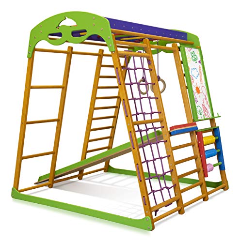 Centro de actividades con tobogán ˝Karamelcek-plus˝, red de escalada, anillos, escalera sueco, campo de juego infantil