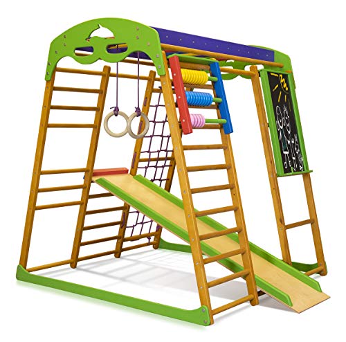 Centro de actividades con tobogán ˝Karamelcek-plus˝, red de escalada, anillos, escalera sueco, campo de juego infantil