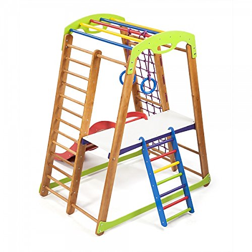 Centro de actividades con tobogán"Junior-Plus-2" red de escalada, anillos, escalera sueco, campo de juego infantil