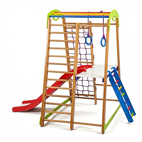 Centro de actividades con tobogán"Junior-Plus-2" red de escalada, anillos, escalera sueco, campo de juego infantil