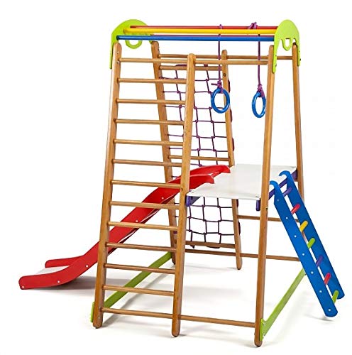 Centro de actividades con tobogán"Junior-Plus-2" red de escalada, anillos, escalera sueco, campo de juego infantil