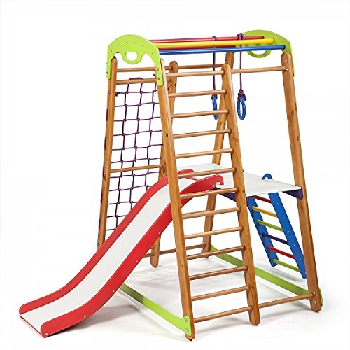 Centro de actividades con tobogán"Junior-Plus-2" red de escalada, anillos, escalera sueco, campo de juego infantil