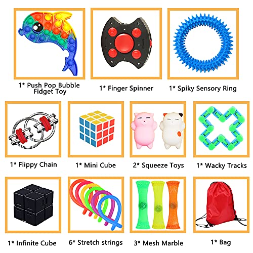 Chennyfun Fidget Toys Set, 19pcs Fidget Toy Pack Juguetes de sensoriales con delfín Push it Pop Bubble Juguetes con Bolsa para Niños y Adultos, el Autismo,TDAH, TOC, Alivio del Estrés