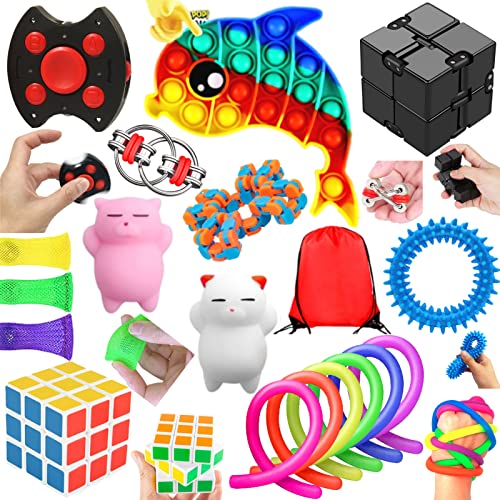 Chennyfun Fidget Toys Set, 19pcs Fidget Toy Pack Juguetes de sensoriales con delfín Push it Pop Bubble Juguetes con Bolsa para Niños y Adultos, el Autismo,TDAH, TOC, Alivio del Estrés