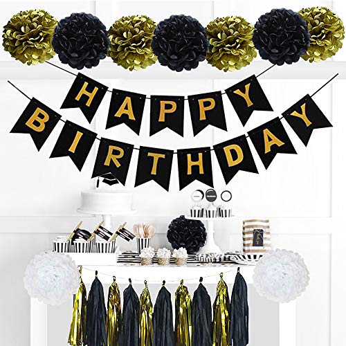 CHUER Decoraciones de Fiesta en Negro y Dorado, Banner de Feliz cumpleaños Globos, Flor Pompones, Guirnaldas borlas frías