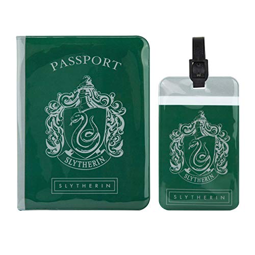 Cinereplicas Harry Potter - Etiqueta de Equipaje y Funda Pasaporte Slytherin - Licencia Oficial